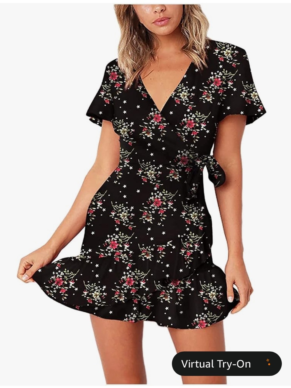 Amazon Black Floral Wrap Mini Dress with Pink Accents